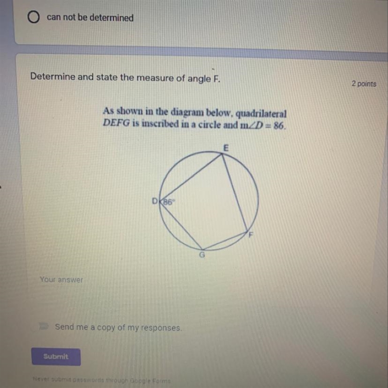 Determine and state the measure of angle F-example-1