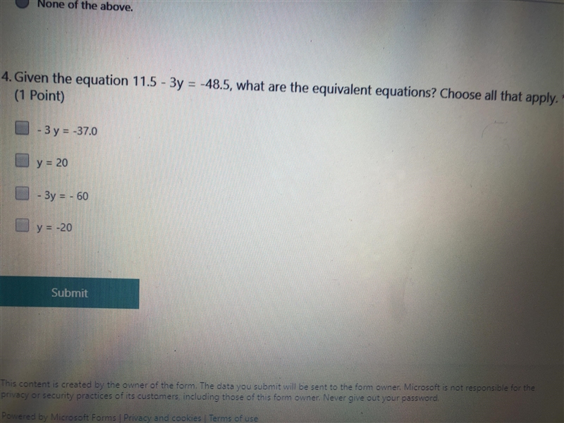 Given the equation 11.5 - 3y = -48.5, what are the equivalent equations? Choose all-example-1