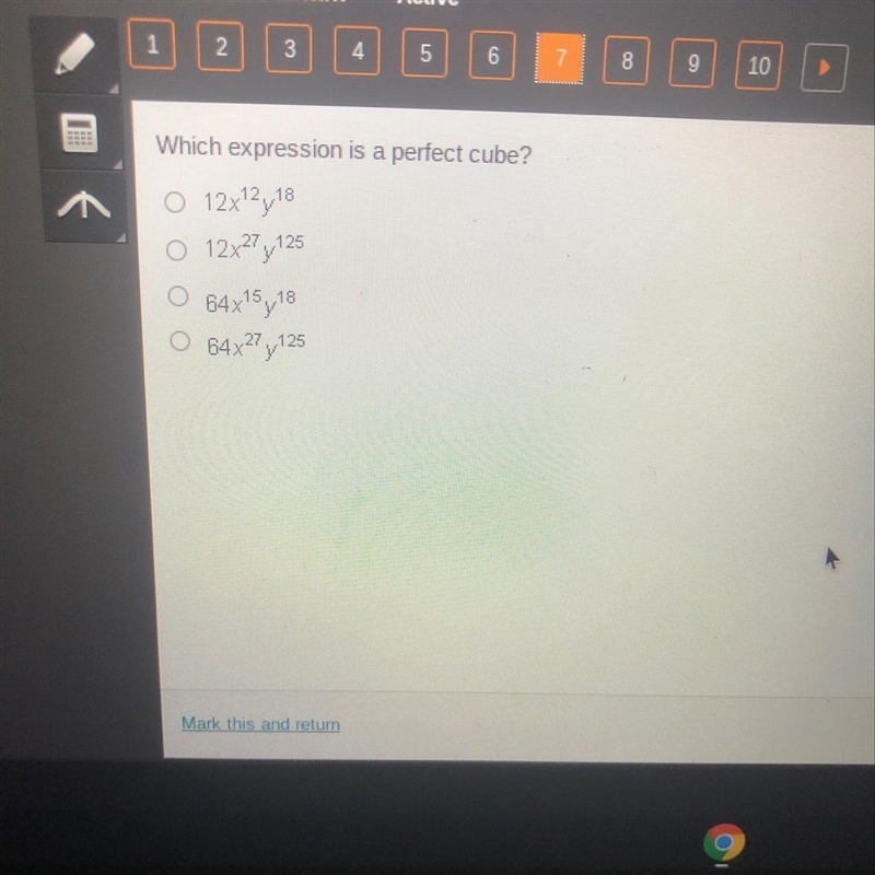 Which expression is a perfect cube? 12x12y18 O 12x27,125 O 64x15y18 64x27 27,125-example-1