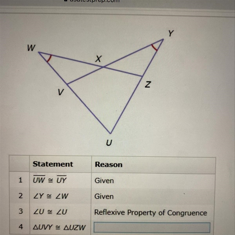 Complete the proof Prove: UVY = UZW A) AAS B) ASA C) SAS D) SSS-example-1