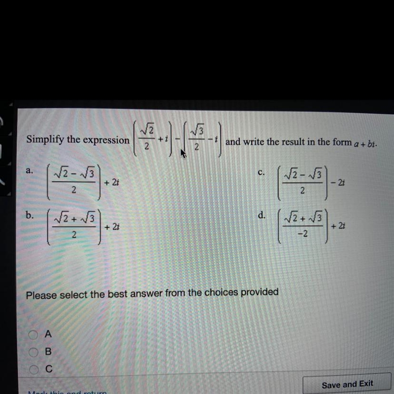 Simplify the expression (sqrt 2/2 +i) - (sqrt 3/2 -i) and write the result in the-example-1