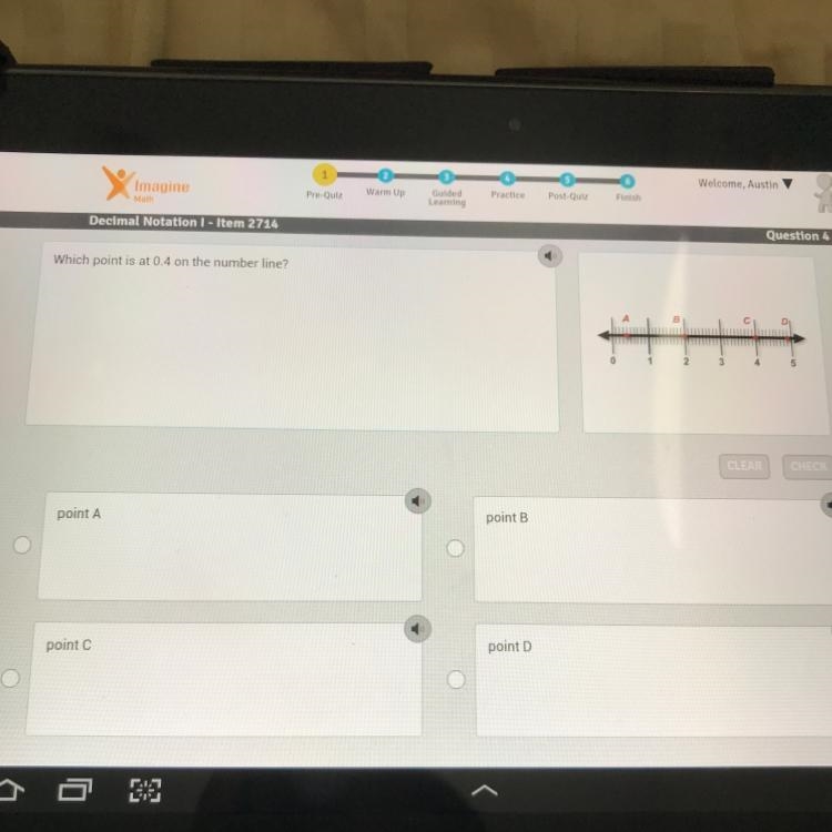 Question 4 of 7 Which point is at 0.4 on the number line? 1 2 3 CLEAR CHECK point-example-1