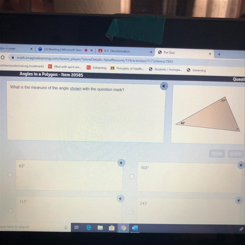 What is the measure of the angle shown with the question mark?-example-1