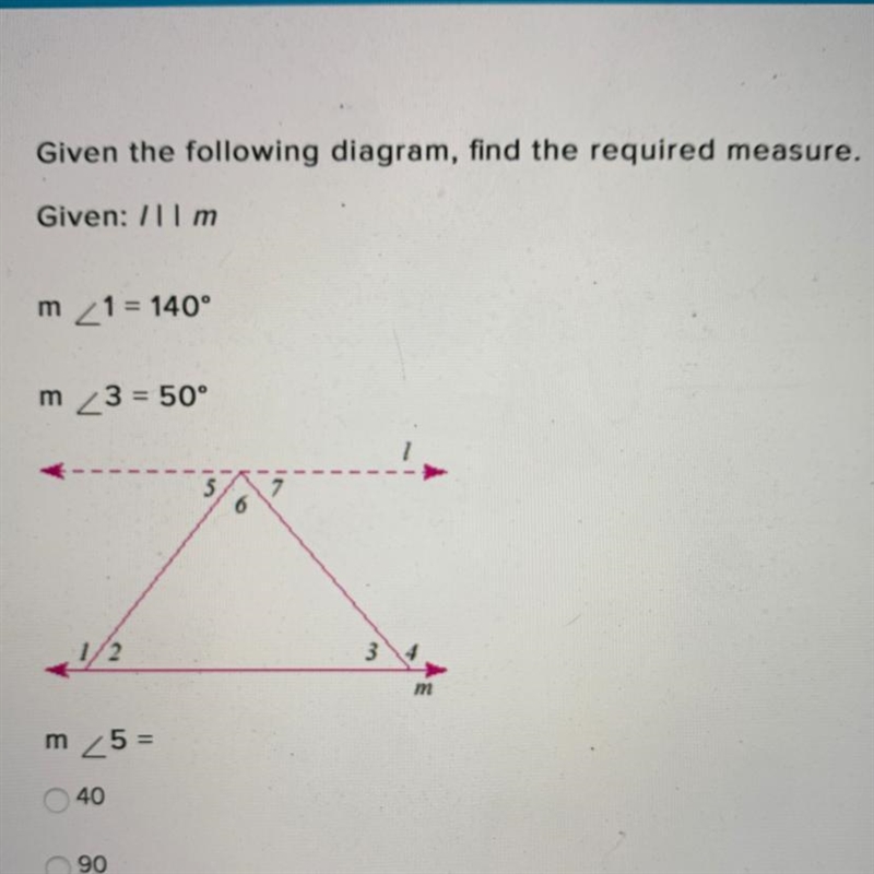 Given the following diagram, find the required measure. Given: /llm m 1 = 140° m 3 = 50° 21 m-example-1