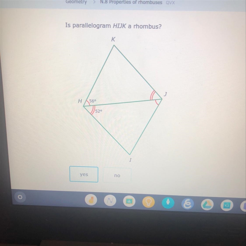 Is parallelogram HIJK a rhombus?-example-1