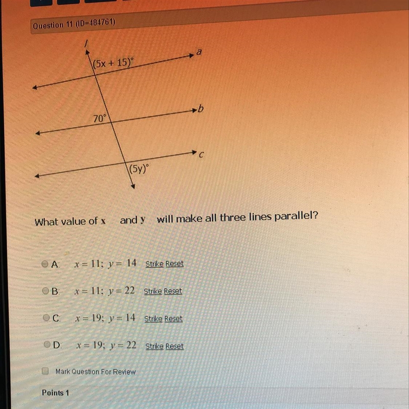 What value of X and Y will make all 3 lines parallel?-example-1