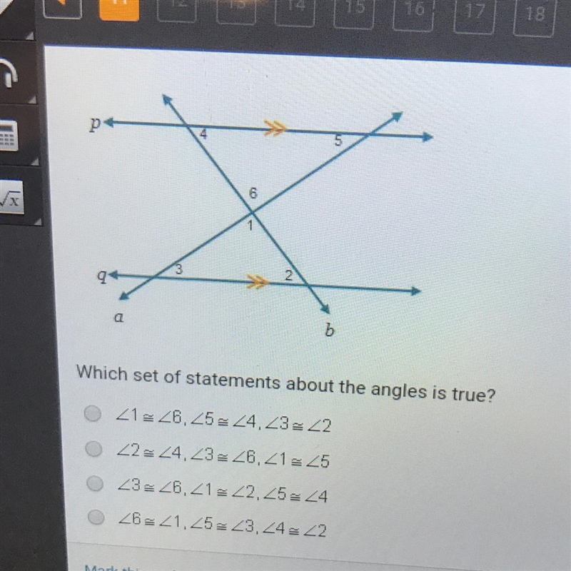 Line p is parallel to line q. Which set of statements about the angles is true-example-1