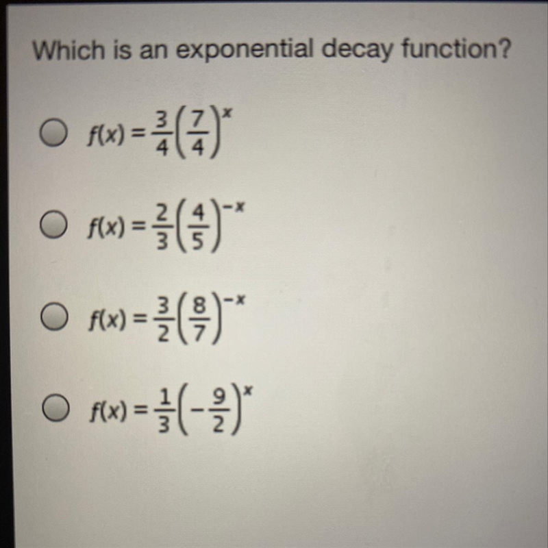 Which is an exponential decay function?-example-1