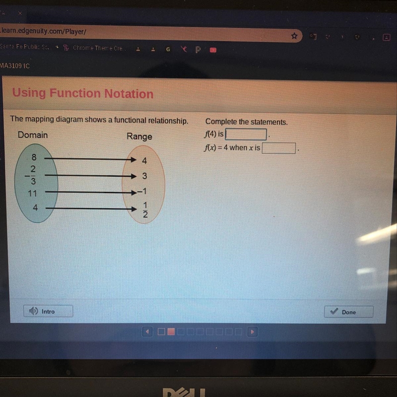 The mapping diagram shows a functional relationship. Complete the statements.-example-1