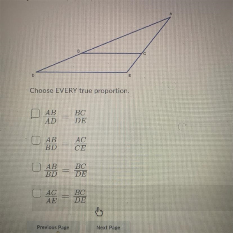 Choose EVERY true proportion. AB - DE OAB - AC AB - BO BD AC BC DE-example-1