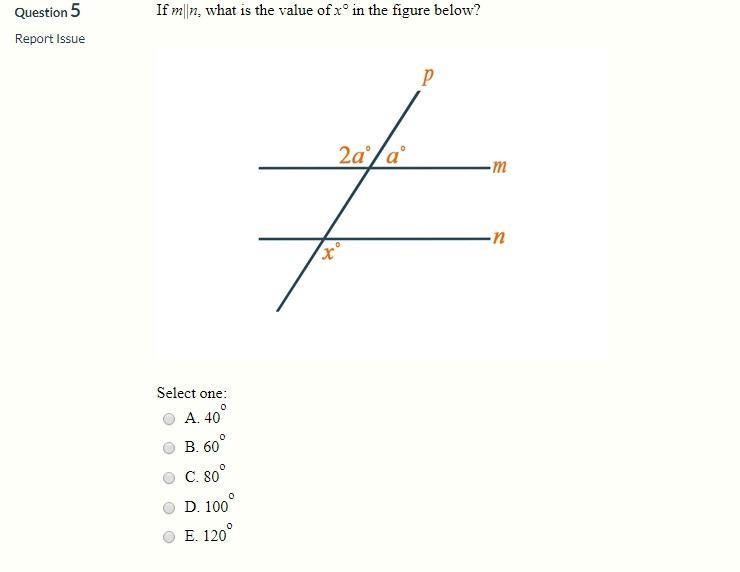 If m||n, what is the value of x° in the figure below? Select one: A. 40o B. 60o C-example-1