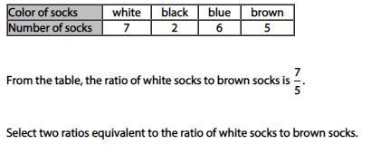 Select two ratios equivalent to the ratio of white socks to brown socks? 25/36 28/20 35/25 28/21-example-1