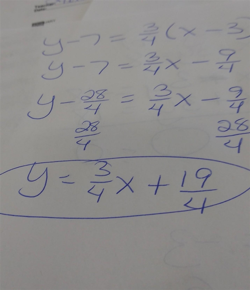 A line passes through point (3,7)and has a slope of3/4-example-1