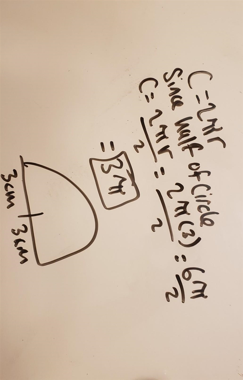 Work out the perimeter of a semicircle with radius 3cm.Give answer in terms of pi-example-1