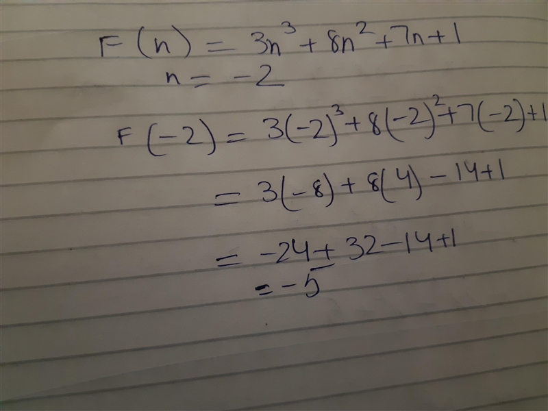 Evaluate the function at the given value F(n)= 3n^3 + 8n^2 + 7n + 1 at n= -2-example-1