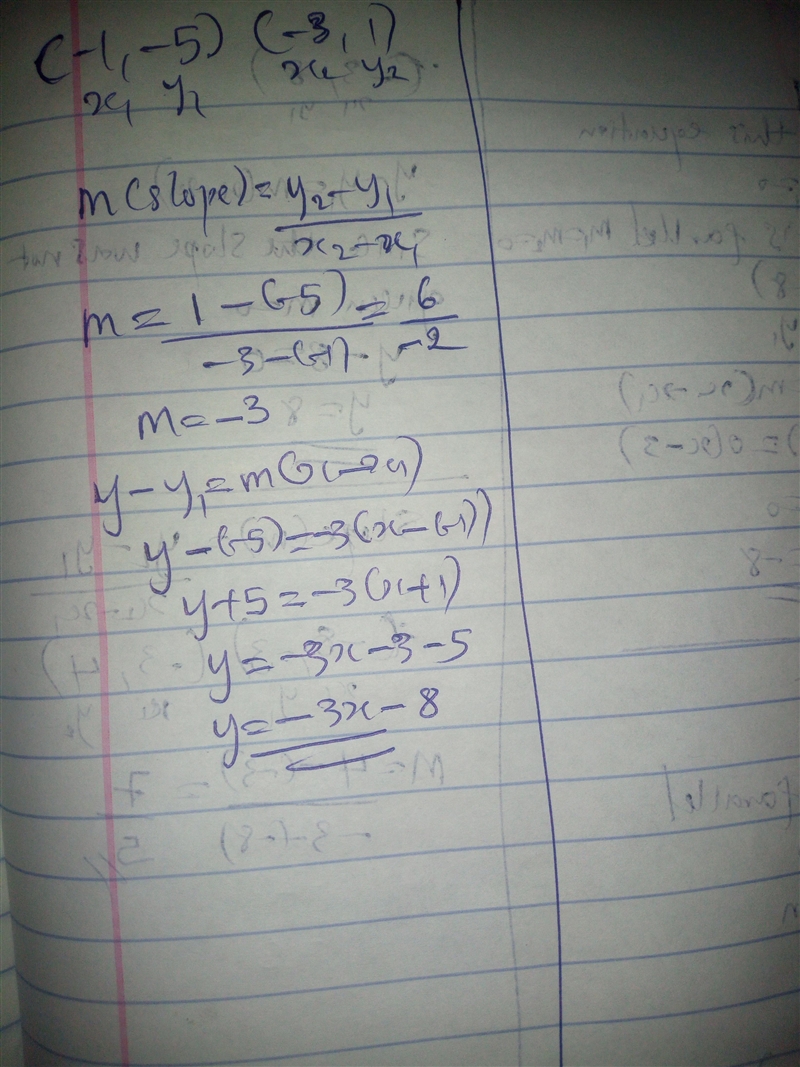 1. Find the equation in slope-intercept form for the line passing through the points-example-1