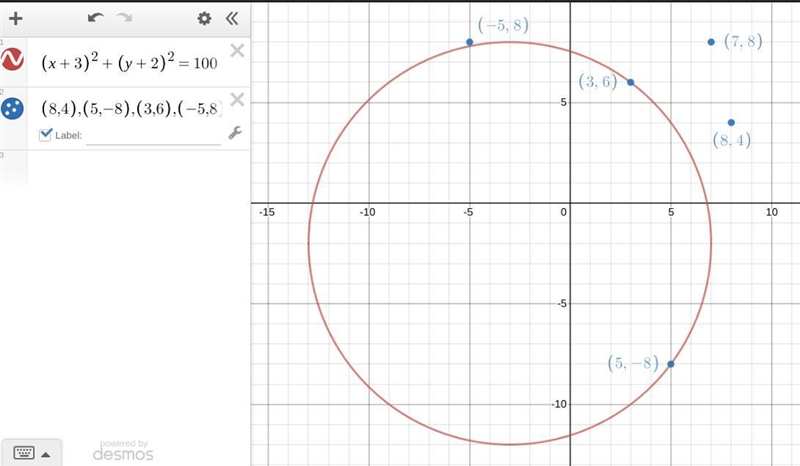 A circle has a center at (-3,-2) and the radius is 10 units, which of the following-example-1