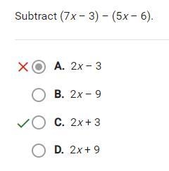 Subtract (7x – 3) – (5x-6). O A. 2x+9 O B. 2x–9 O c. 2x-3 O D. 2x+3-example-1