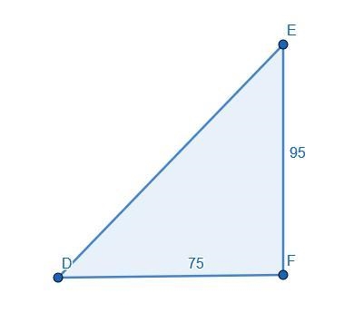 In DEF,the measure of F=90, FD=75 feet, and EF=95 feet. Find the measure of D to the-example-1