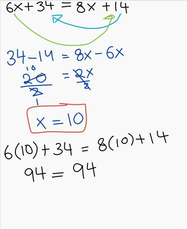 Solve for x 6x+34 8x+14-example-1