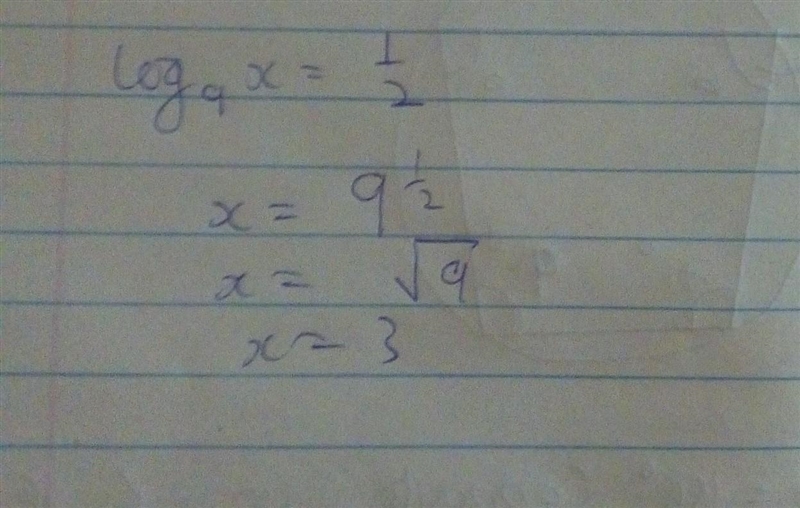 Solve the equation for x log_(9) x=(1)/(2) working out with a small explanation would-example-1