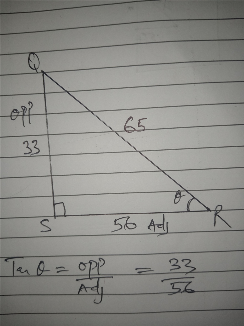 In ΔQRS, the measure of ∠S=90°, SR = 56, RQ = 65, and QS = 33. What is the value of-example-1