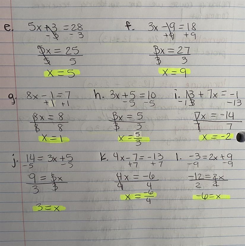 HELP!!! Solve the following equations showing all your steps: e. 5x +3 = 28 f. 3x-example-1