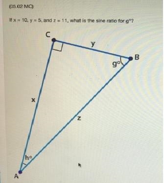 If x = 10, y = 5, and z = 11, what is the sine ratio for g°?-example-1