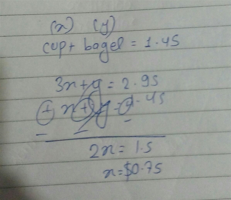 The cost of a bagel and a cup of coffee is $1.45. The cost of 3 bagels and a cup of-example-1