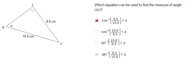 Which equation can be used to find the measure of angle LKJ? cos−1(StartFraction 8.9 Over-example-1