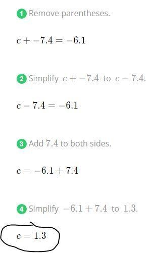 Solve for c. c+(−7.4)=−6.1 Enter your answer in the box. c =-example-1