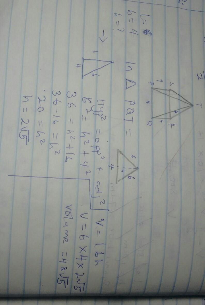 A right pyramid on a base 4cm square has a slant edge of 6cm Calculate the volume-example-1