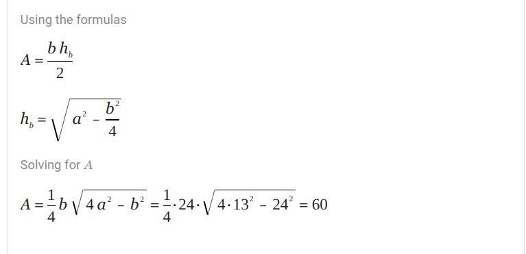 Find the area of isosceles triangle whose each side is 13cm and base 24cm.show by-example-1