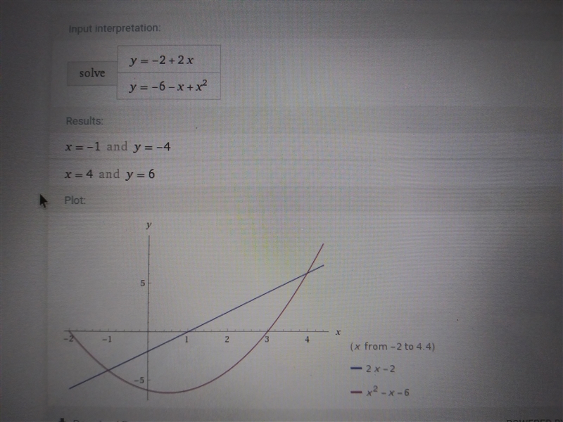 Solve the system of equations: y = 2x – 2 y = x2 – x – 6 A. (–2, 0) and (3, 0) B. (–1, –5) and-example-1