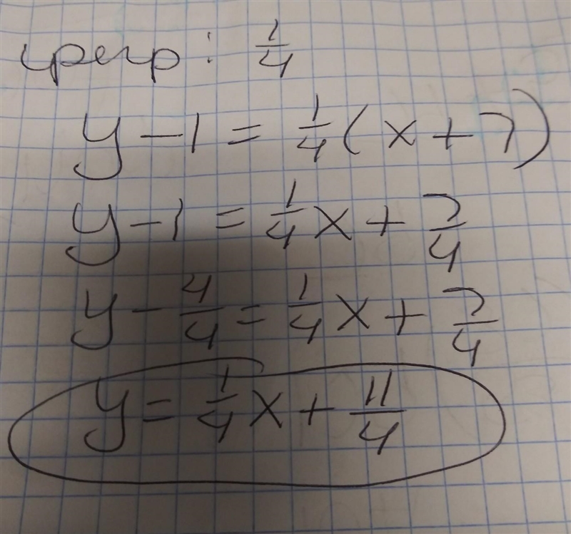 Write an equation in slope-intercept form for the line perpendicular to y=−4x+1 that-example-1