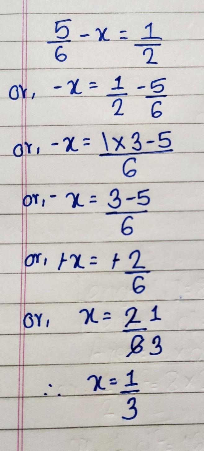 Find the missing fraction. 5/6 - ? = 1/2-example-1