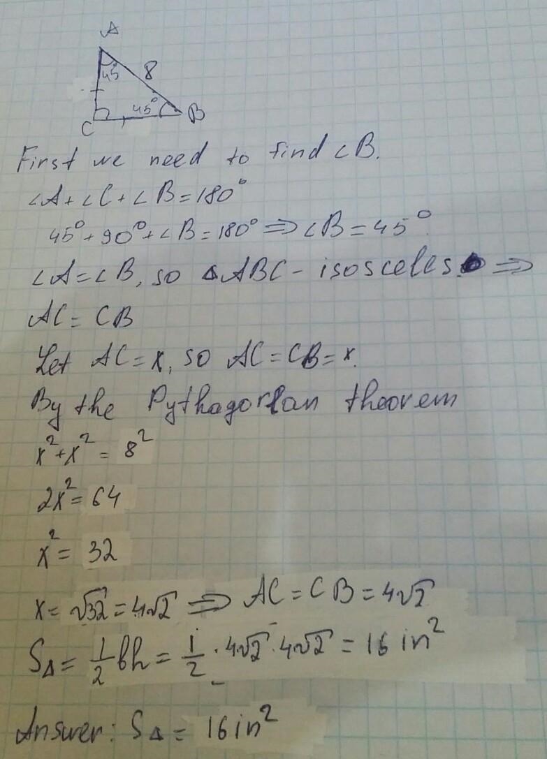 What is the area of a right triangle with a hypotenuse of 8 inches if one of the acute-example-1