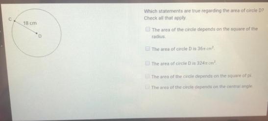 Which statements are true regarding the area of circle D? Select two options. The-example-1