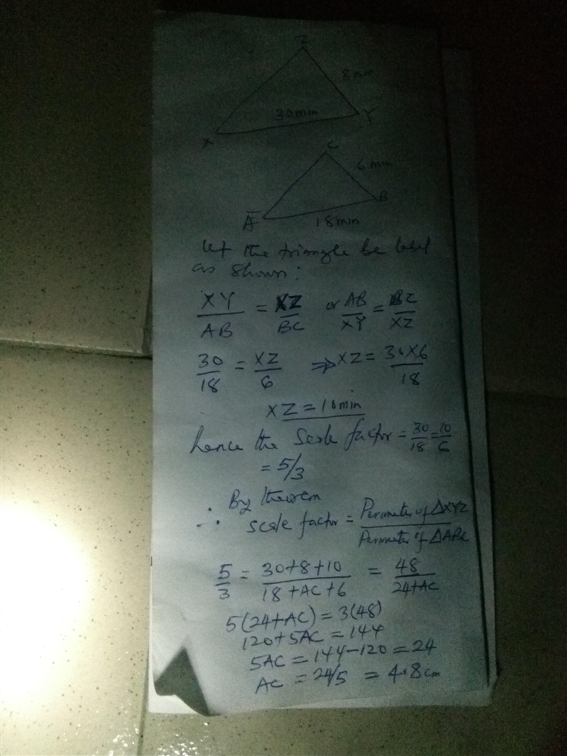 6-92. Sketch the two similar triangles below on your own paper, Find the scale factor-example-1