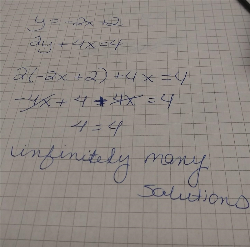 How many solutions does this system of equations have? y=-2x+2 2y+4x=4-example-1