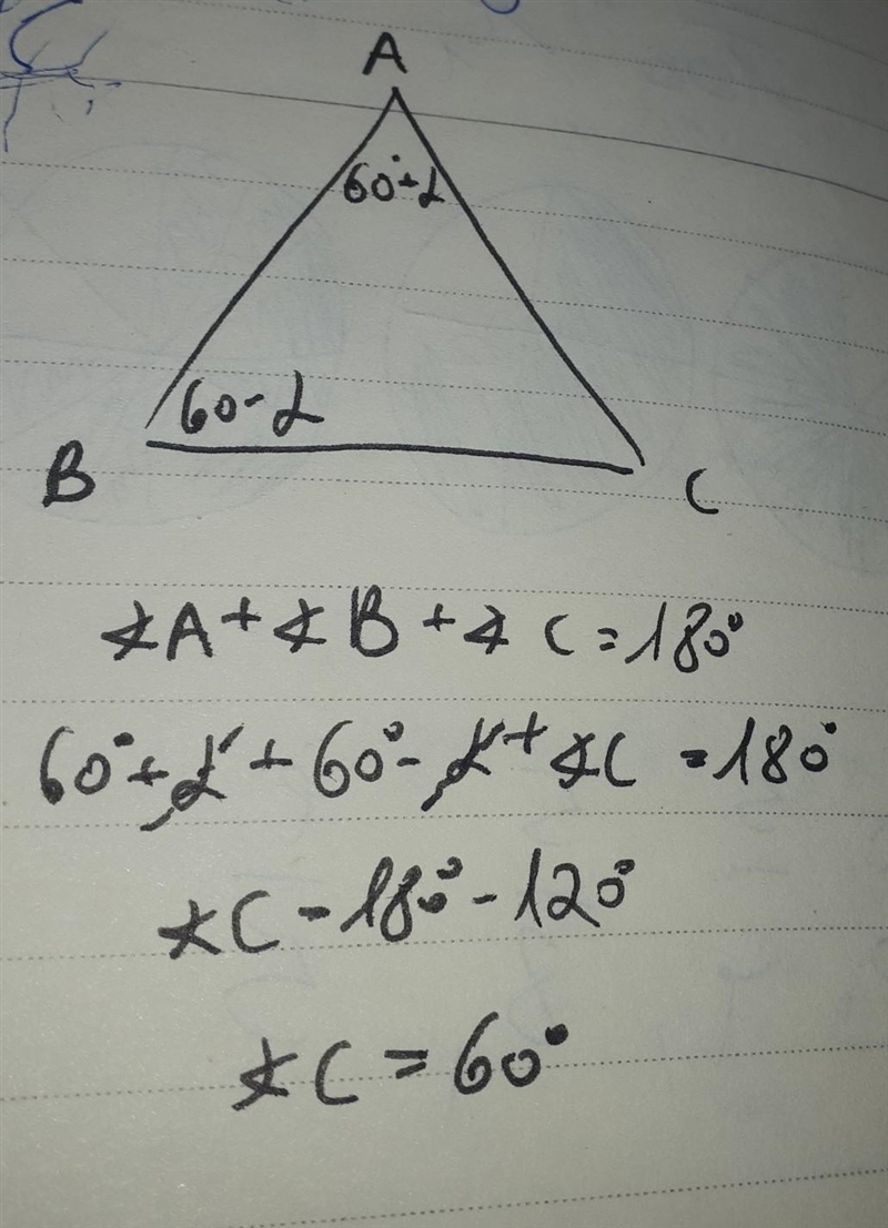 Find the measure of angle C of a triangle ABC, if: d m∠A = 60°+α, m∠B = 60°−α-example-1