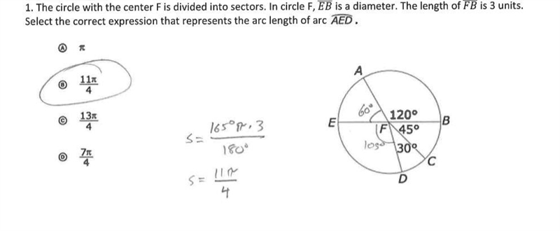 The circle with center F is divided into sectors. In circle F , EB is a diameter. The-example-1