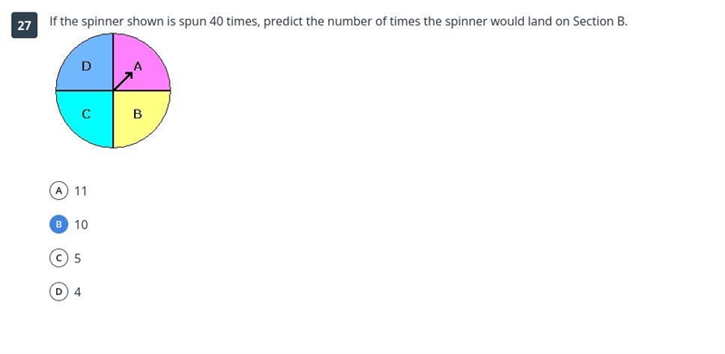 If the spinner is spun 40 times, predict the number of times the spinner would land-example-1