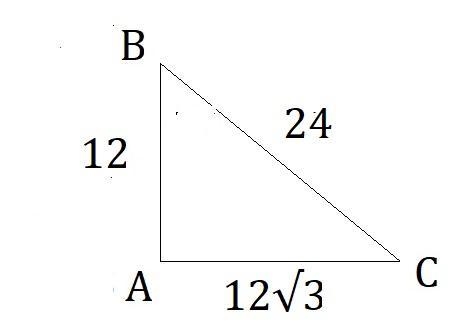 Triangle A B C is shown. The length of A B is 12, the length of B C is 24, and the-example-1