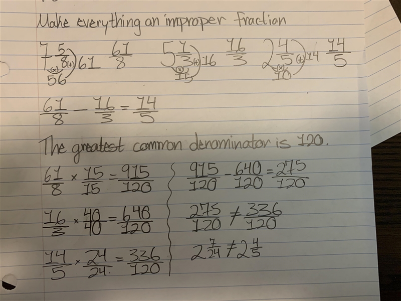 Shannon states that 7 5/8 − 5 1/3 = 2 4/5 because 7 − 5 = 2 , 5 − 1 = 4 , and 8 − 3 = 5 . First-example-1