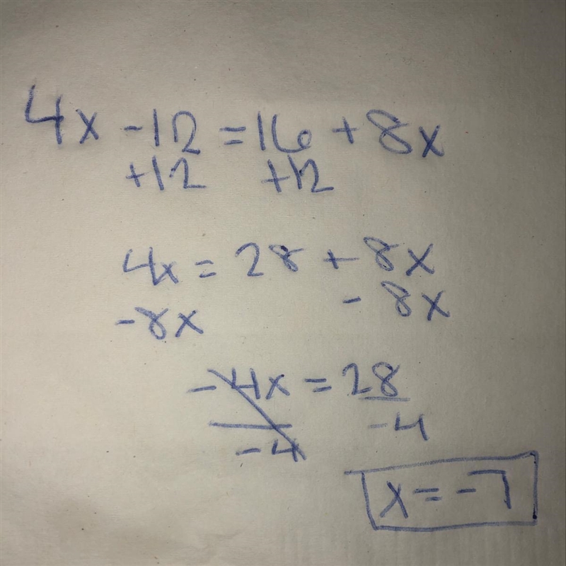 What value of x is in the solution set of 4x - 12 = 16 + 8x? -10 -9 -8 -7-example-1