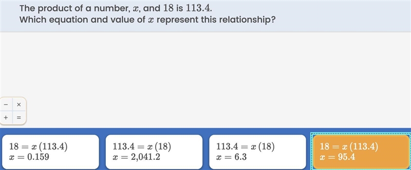 Pls hurryy The product of a number, 2, and 18 is 113.4. Which equation and value of-example-1