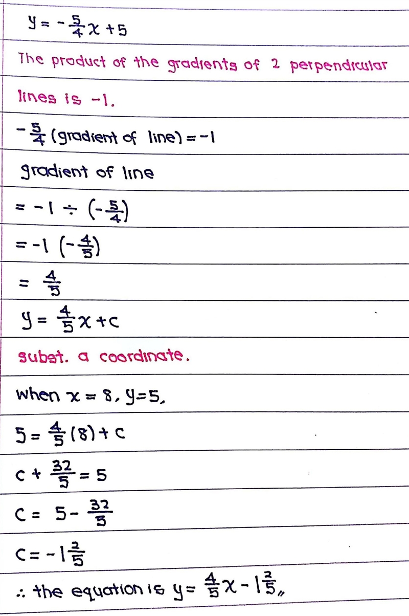 consider the line y=-5/4x +5. Find the equation of the line that is perpendicular-example-1