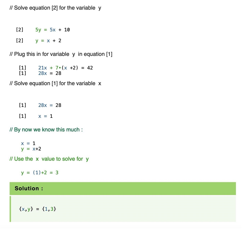 Find the solution to the system of equations. 21x+7y=42 -5x+5y=10-example-1