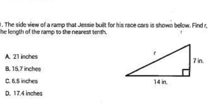 The side view of a ramp that Jessie built for his race cars is shown below. Find r-example-1